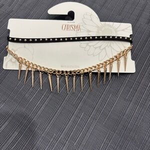 Carisma Black Studded Choker Gold Spike Chain Layered Necklace Set